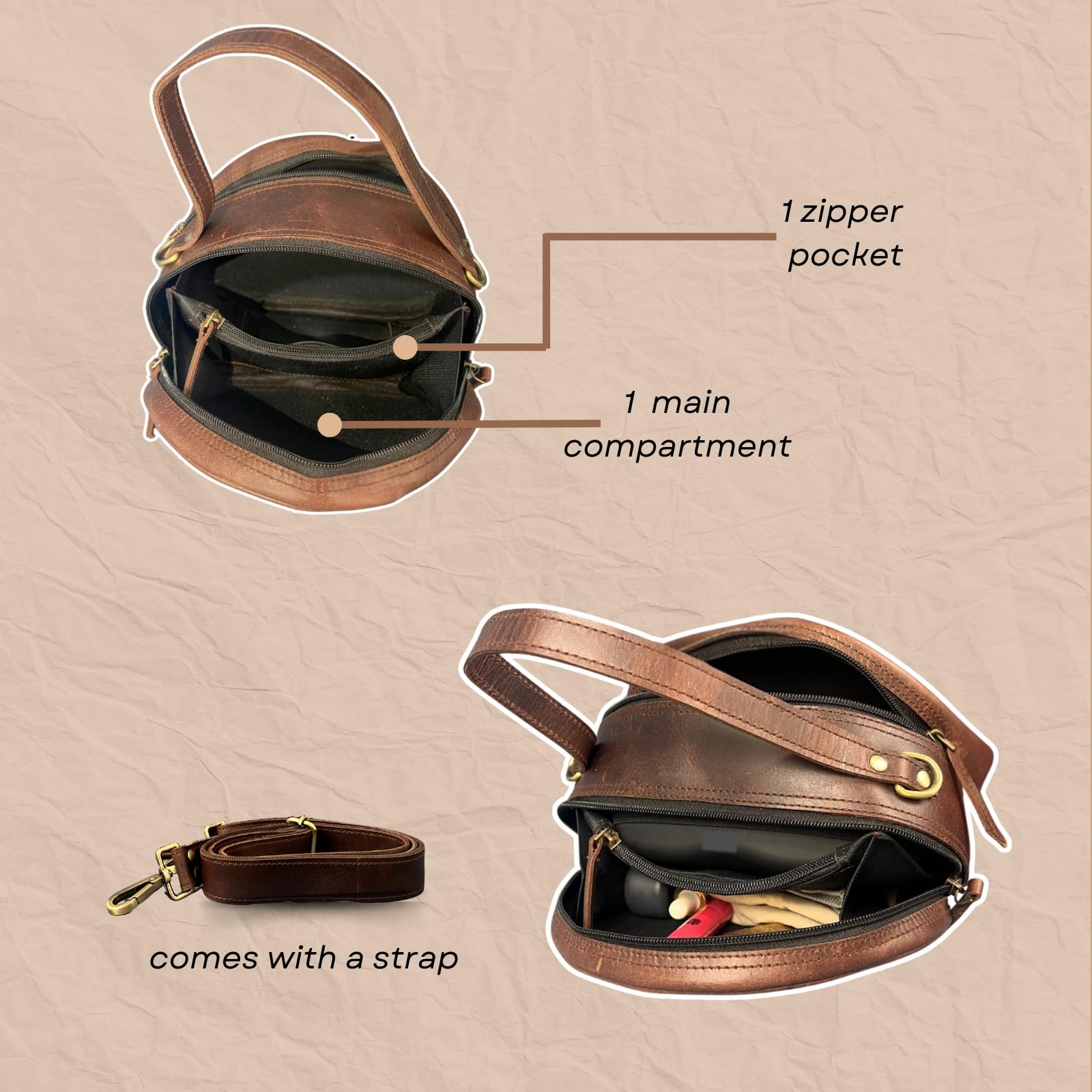 Madosh, Genuine Leather Brown Small Semi-Circle Shoulder Crossbody Bag with Top Handle Satchel Handbag for women.
